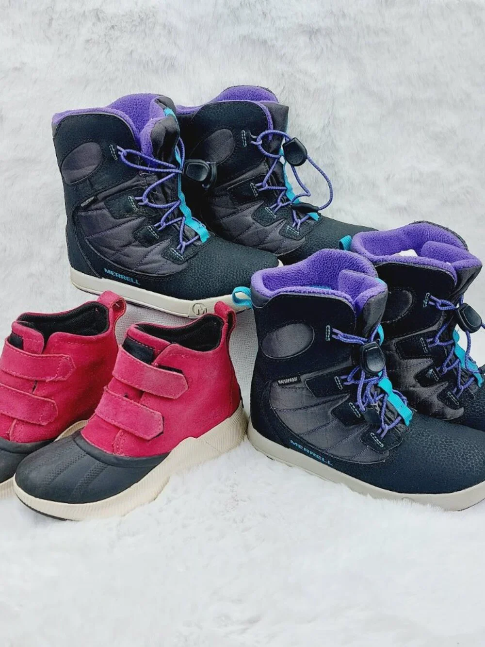 Set of 3 Sorel Merrell Girl's Black Purple Pink Ankle Snow Winter Boots Size 13